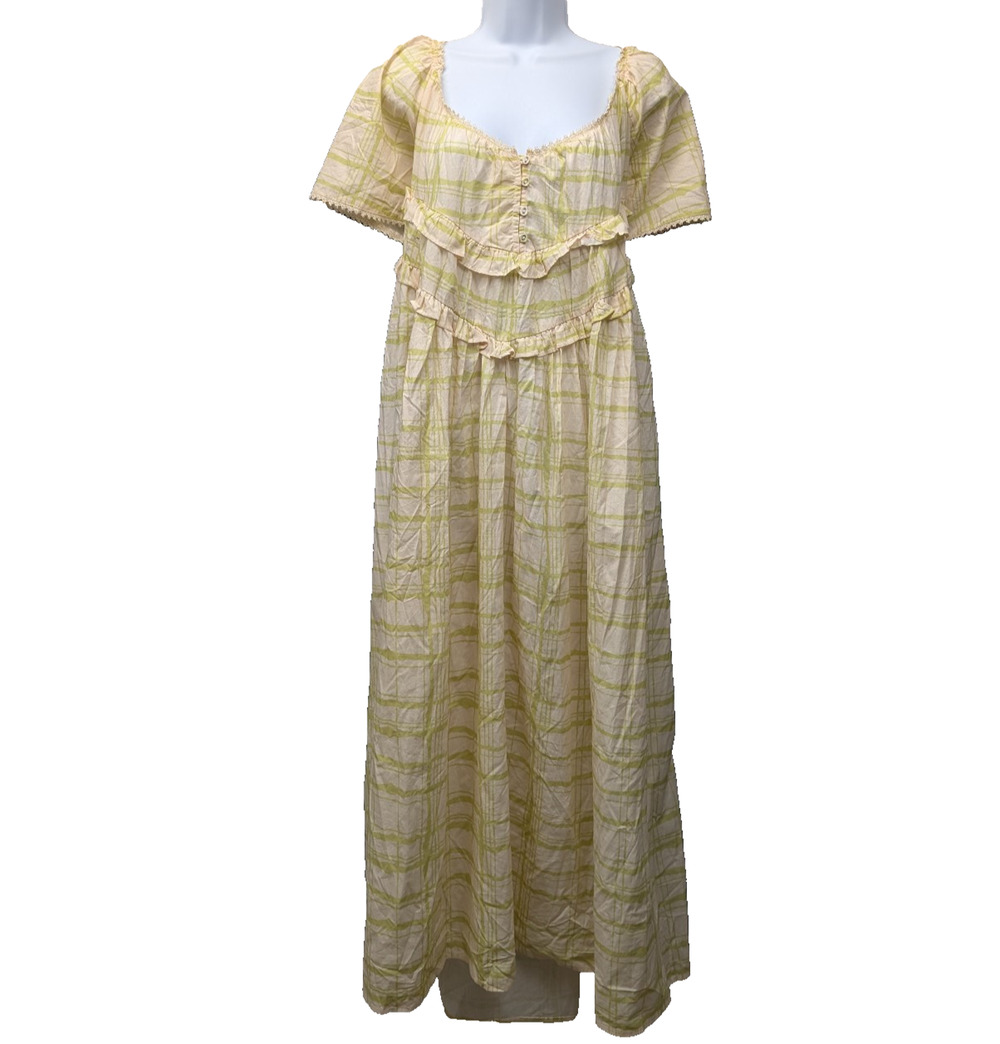 VRG Maxi Dress Womens 14 Cottage Prairie Peasant Plaid Ruffle Natural Coastal